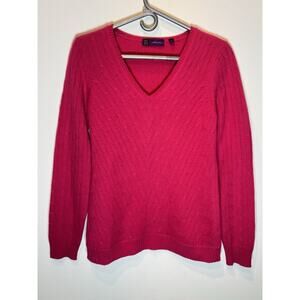 SAKS FIFTH AVENUE Woman's 100% Cashmere V-Neck CABLE KNIT Sweater Pink Large